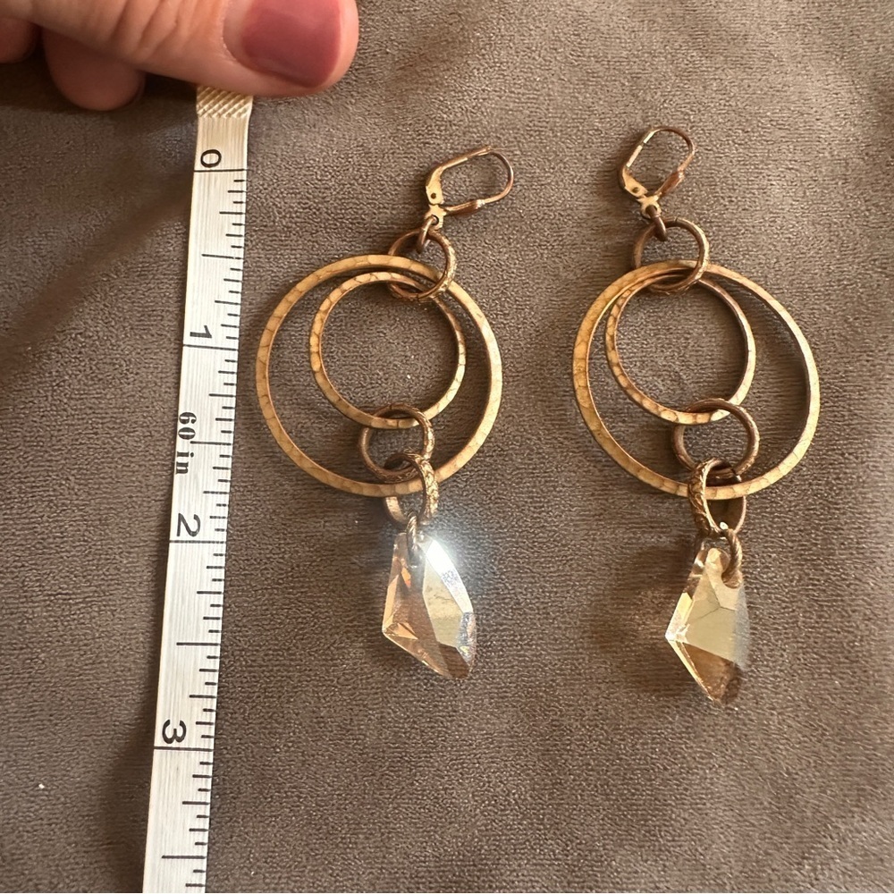 Boho Hammered Brass Hoop Earrings w/ Crystal Drop Dangle Artisan Chic 3” - Picture 2 of 7